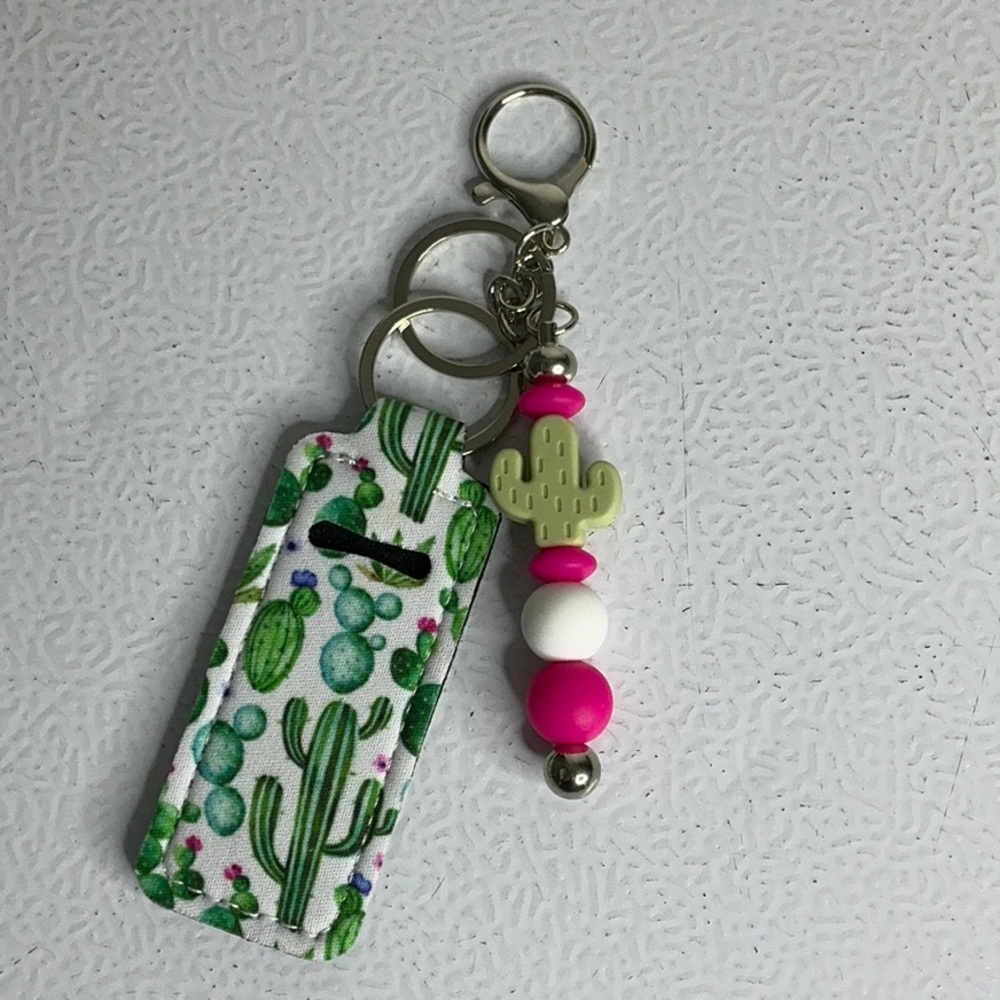 Cactus Print Keychain with Beaded Charm